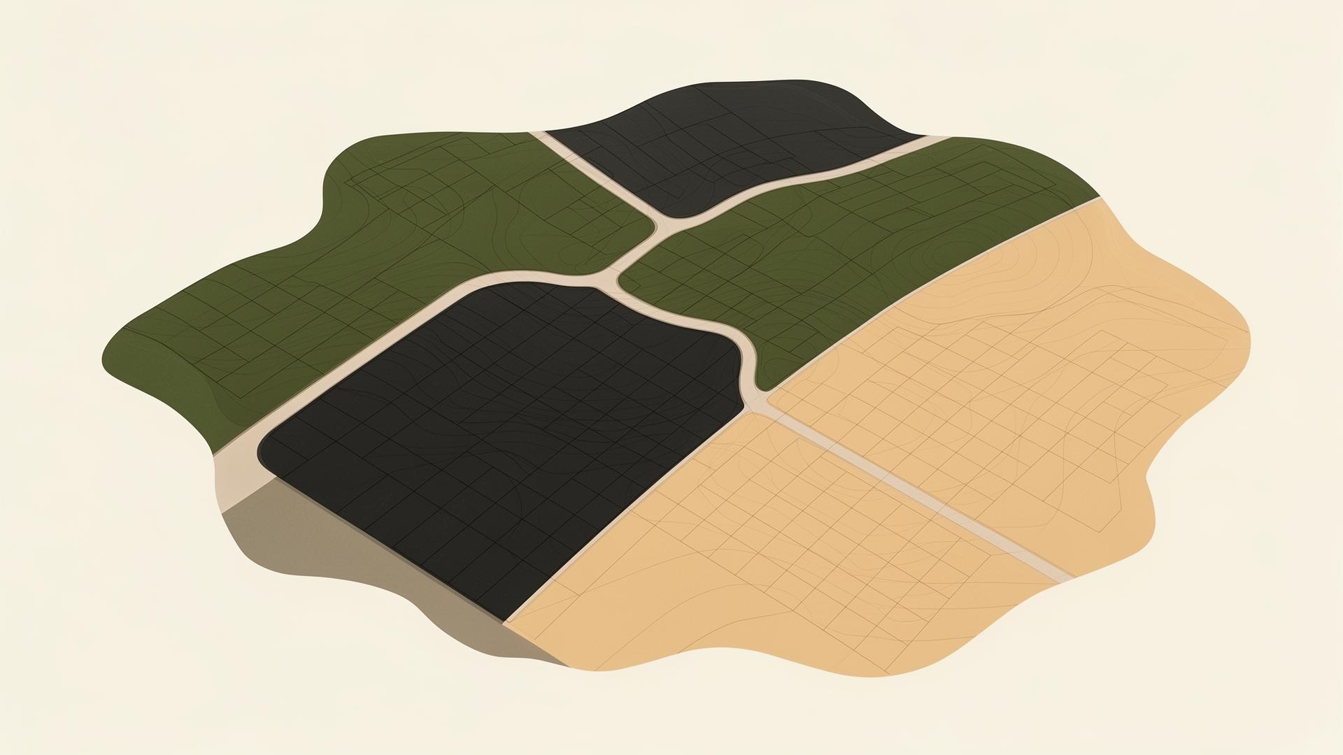 Abstract aerial view of land parcels with topographic contour lines
